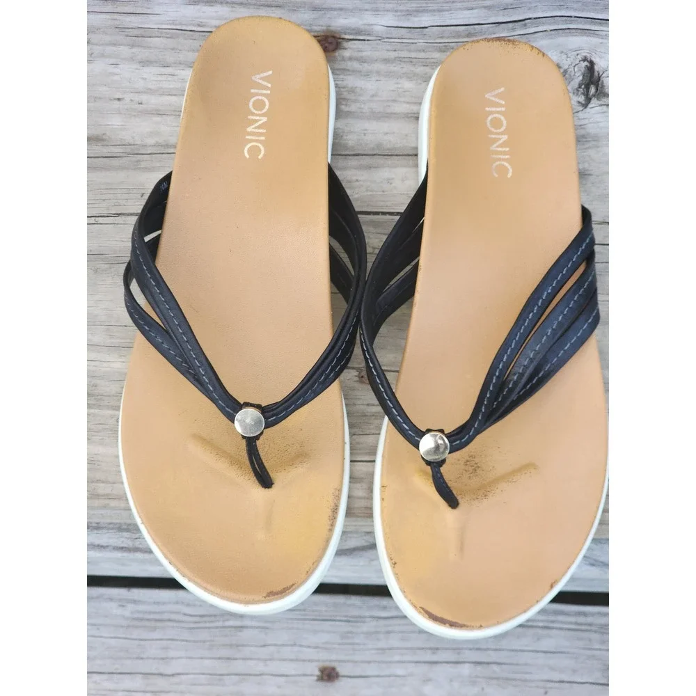 Vionic Black Multi-Strap Orthotic Flip Flop Sandals Womens 11M Tan Footbed